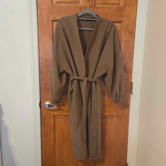 ZARA Camel/Brown/Tan Long Wool Belted Coat Small - Picture 4 of 5